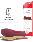 Image with 2 matching footbeds laying horizontally with footbed box on the right hand size, and the APMA Seal of Acceptance logo in the middle left of image.