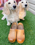 Honey Distressed Clogs personalized with dog paws.