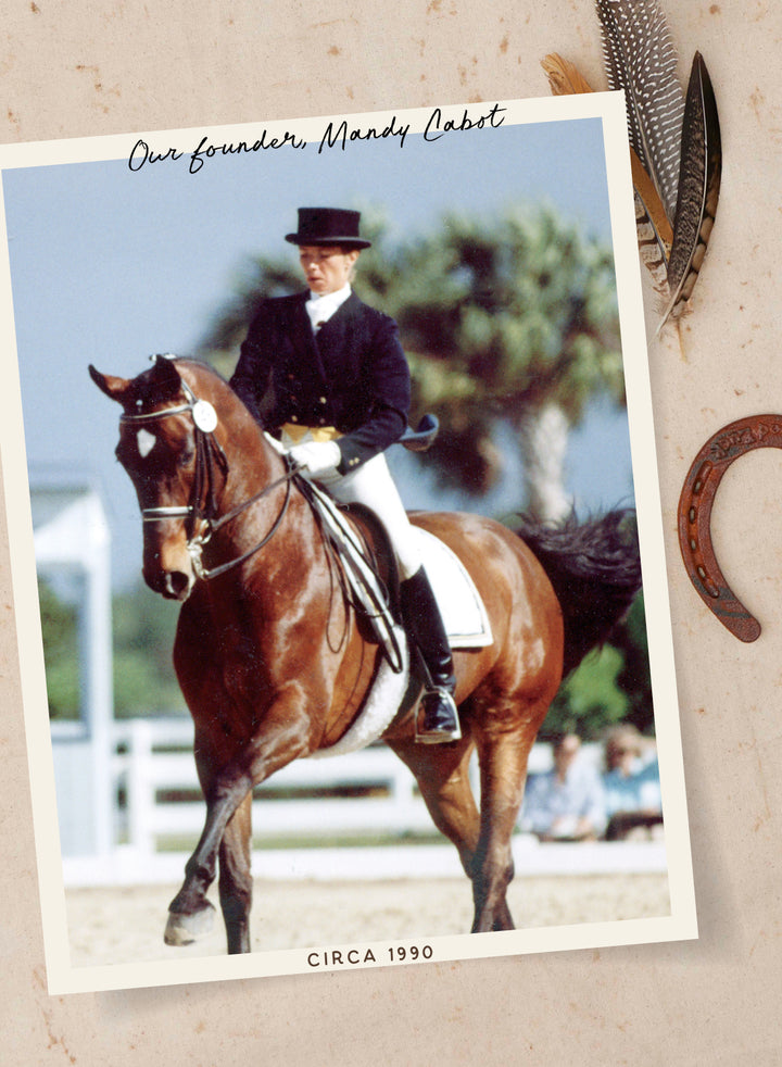 Dansko founder, Mandy Cabot, riding a horse. Text reads: Our founder, Mandy Cabot. Circa 1990.