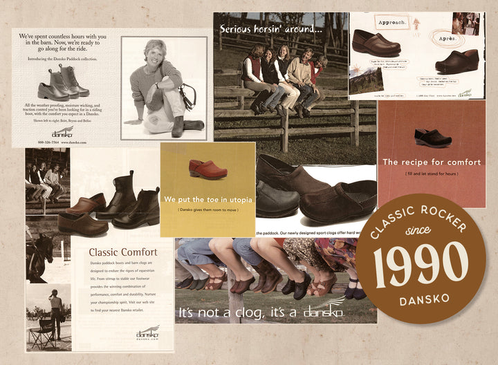 A collage of advertisements over the years from Dansko.