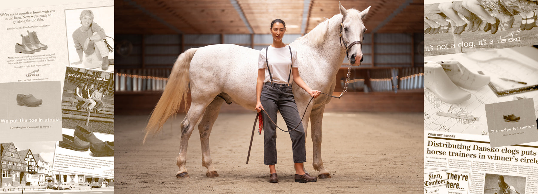 A collage of Dansko ads throughout the year and a woman wearing clogs on a horse farm.