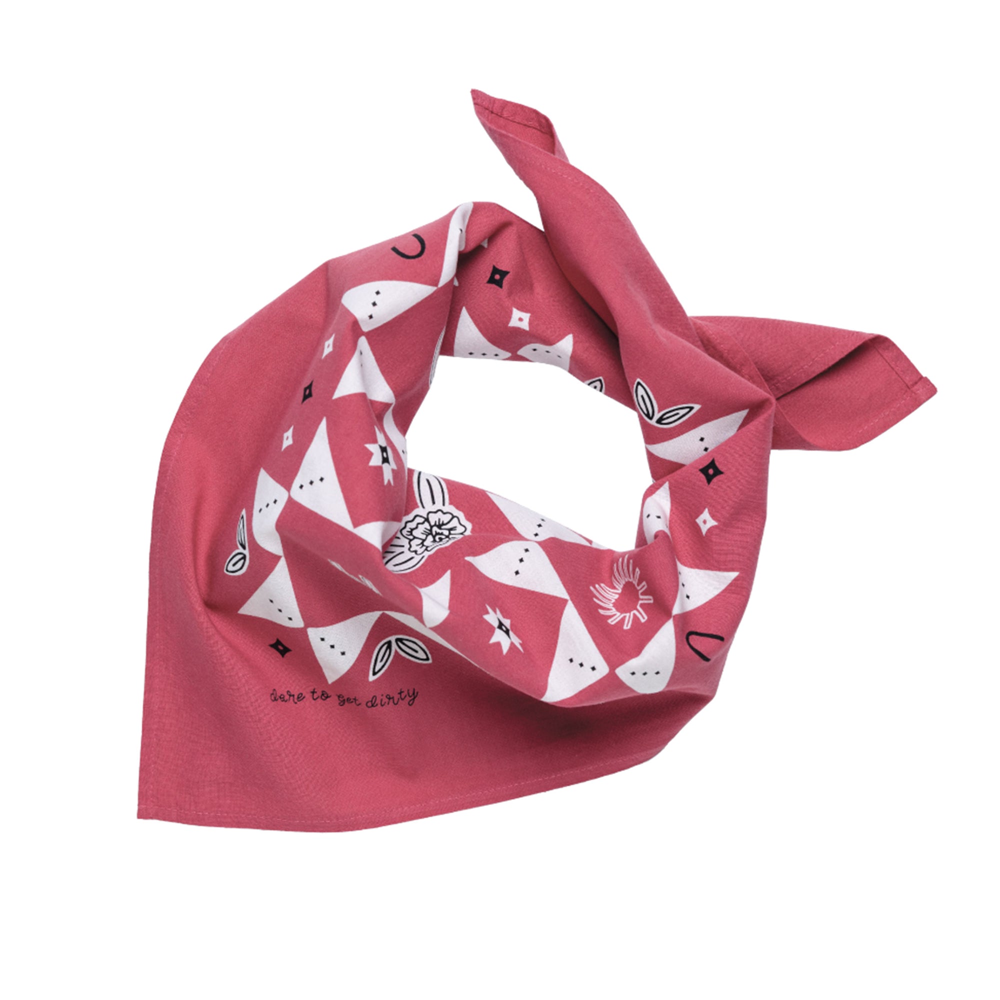 Pink bandana with white geometric pattern on a white background