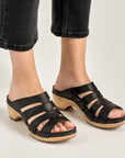 Close up of black strappy sandals.