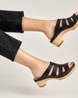 Close up of black strappy sandals.
