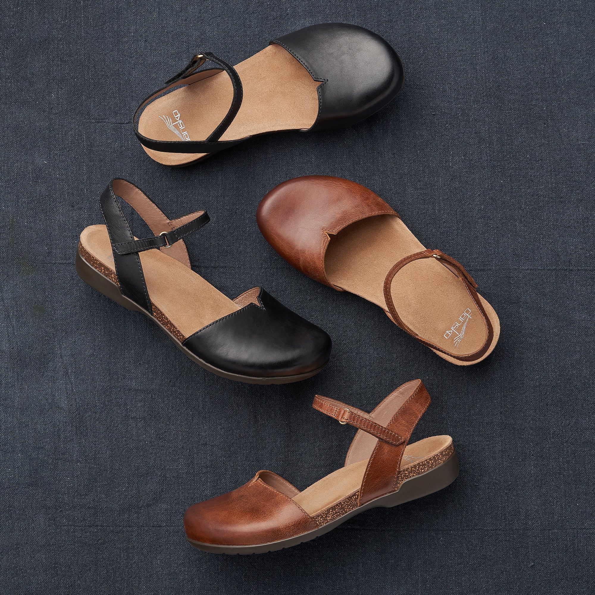A closed-toe sandal style shown in two waxy leather options.