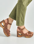 close up of tan wooden heeled mary janes.