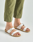Close up of white strappy sandals.