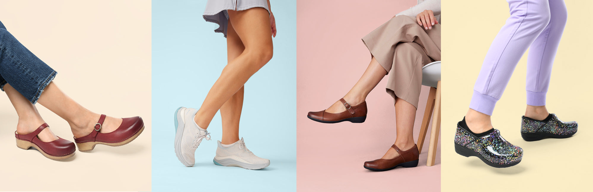 Four types of footwear styles on sale are shown. A red leather mule, a white active sneaker, brown leather Mary Janes, and a printed patent clog.