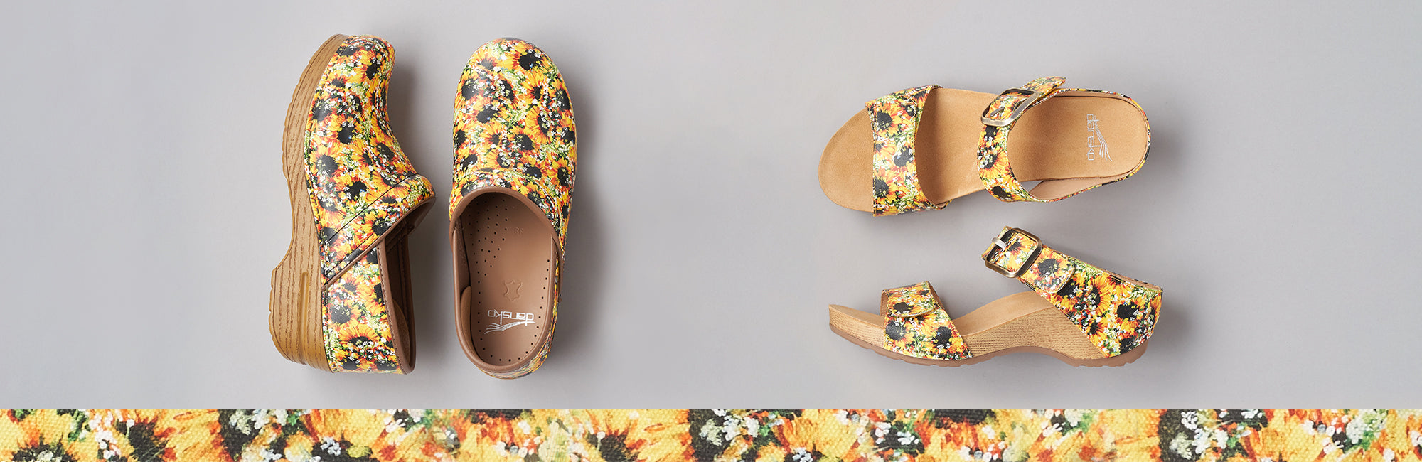 Sunflower printed clogs and two-strap sandals with a closeup of the sunflower pattern.