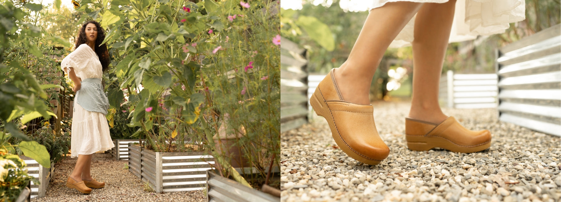 Two images of a woman in a garden wearing a white flowy dress, blue apron and tan clogs.