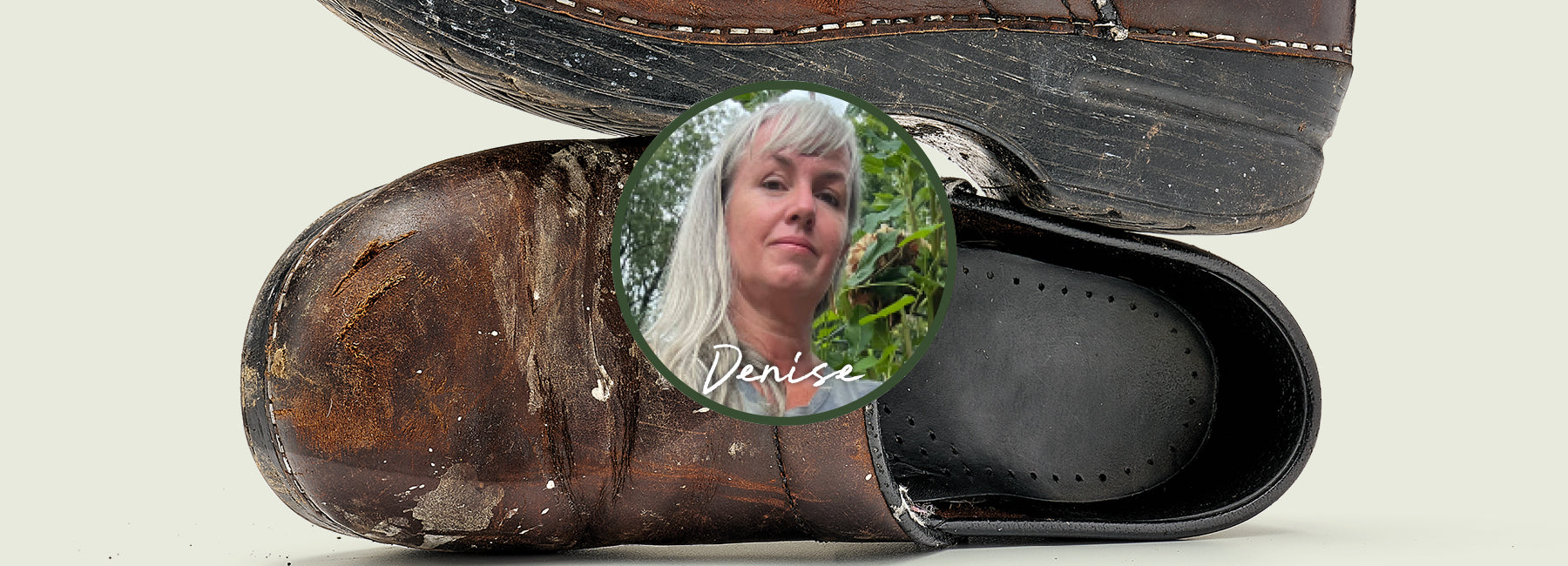 Large image of brown clogs on a green background with a woman's portrait in a bubble in the middle of the image. Text under the woman's portrait reads: "Denise"