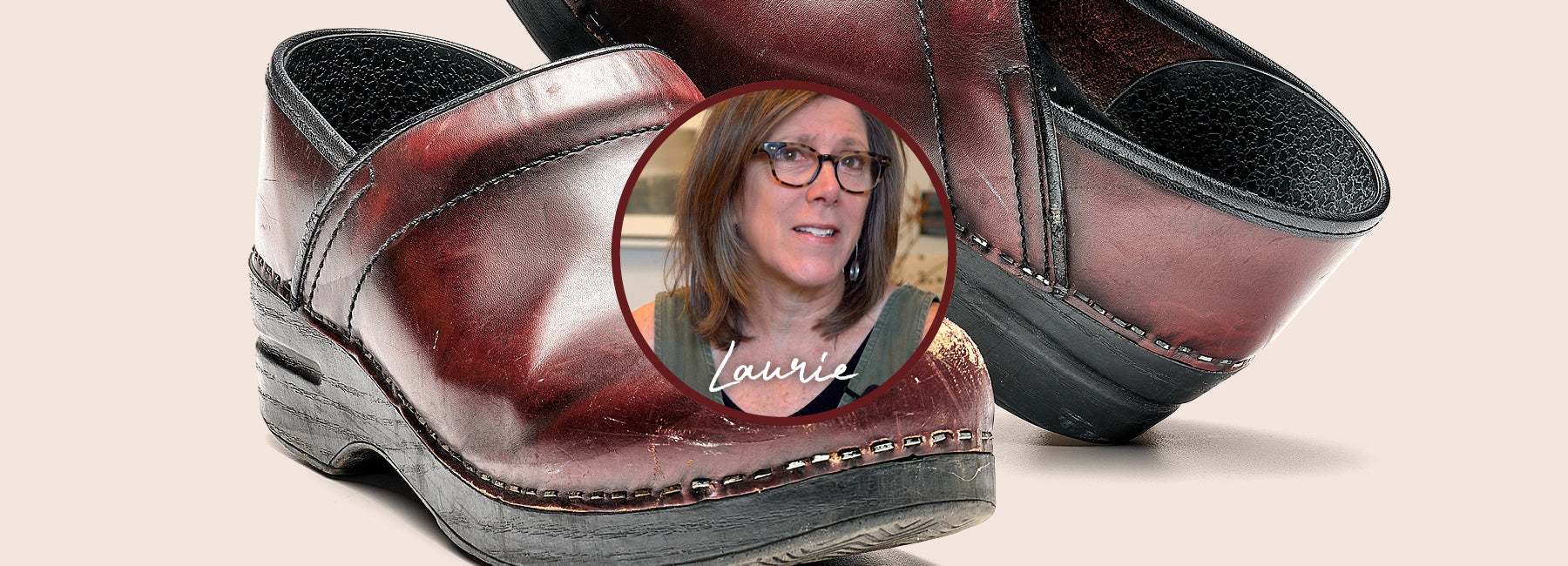 Large image of brown clogs on a light red background with a woman's portrait in a bubble in the middle of the image. Text under the woman's portrait reads: "Laurie"