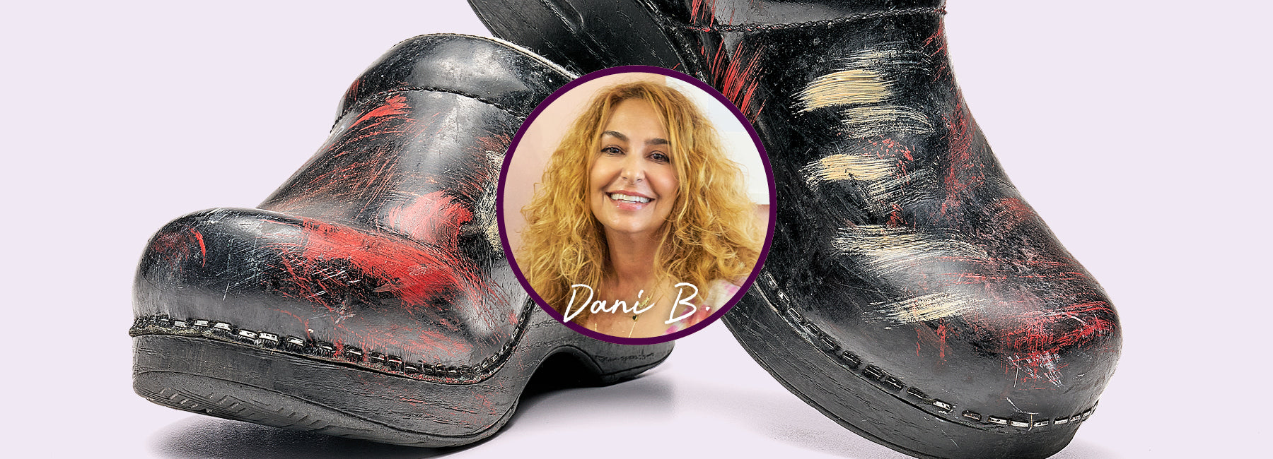 Large image of dark clogs on a purple background with a woman's portrait in a bubble in the middle of the image. Text under the woman's portrait reads: "Dani B."