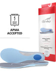 Image with 2 matching footbeds laying horizontally with footbed box on the right hand size, and the APMA Seal of Acceptance logo in the middle left of image.