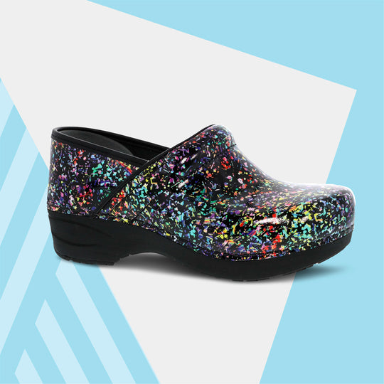 A patent clog with many pops of color.