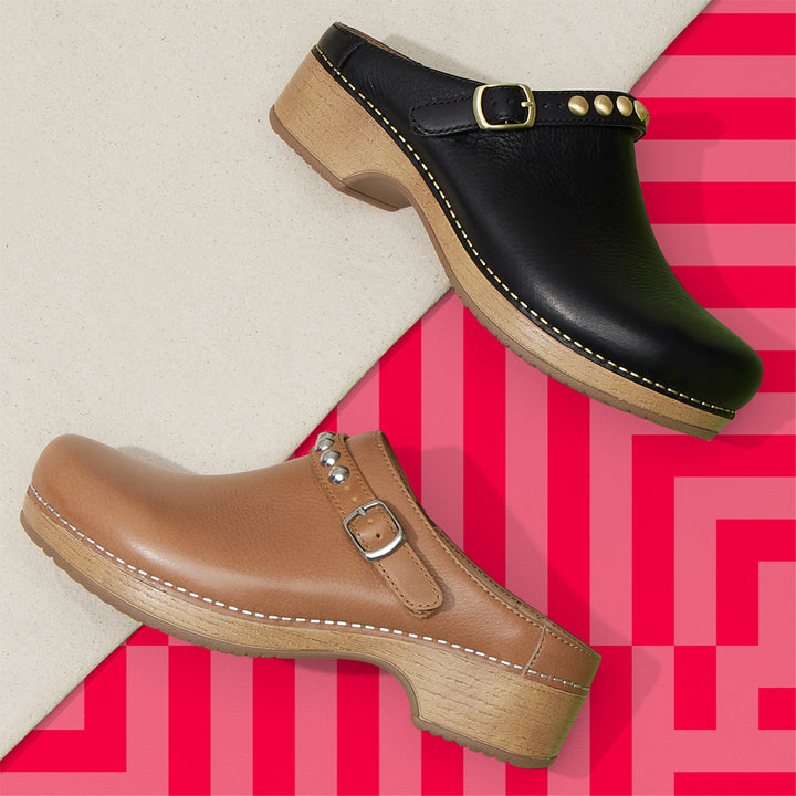 Backless clogs with stylish hardware shown in black and tan.