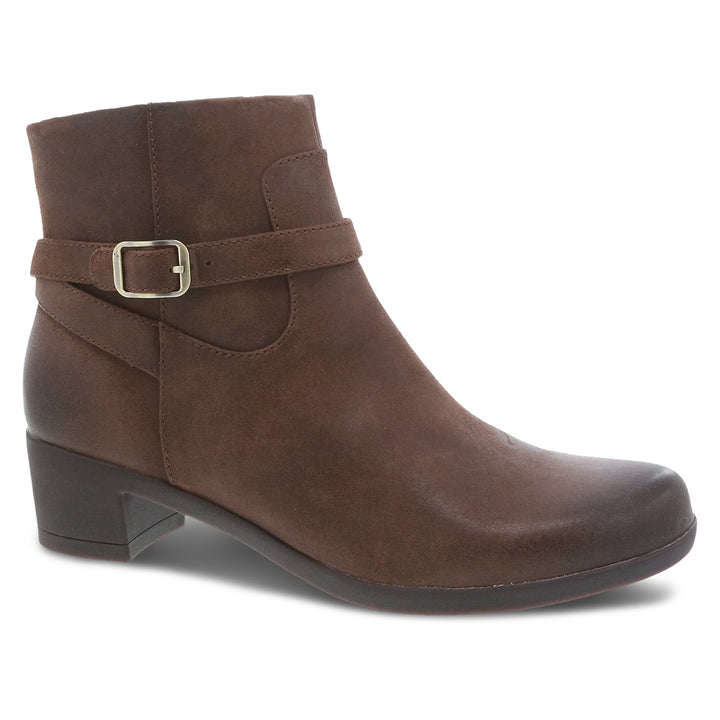 Mid-shaft boot shown from side to highlight buckle detail and high-quality leather.