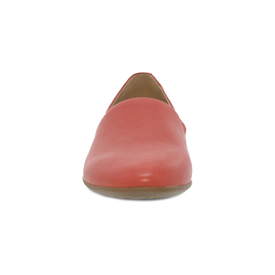 Front view of a red leather flat.