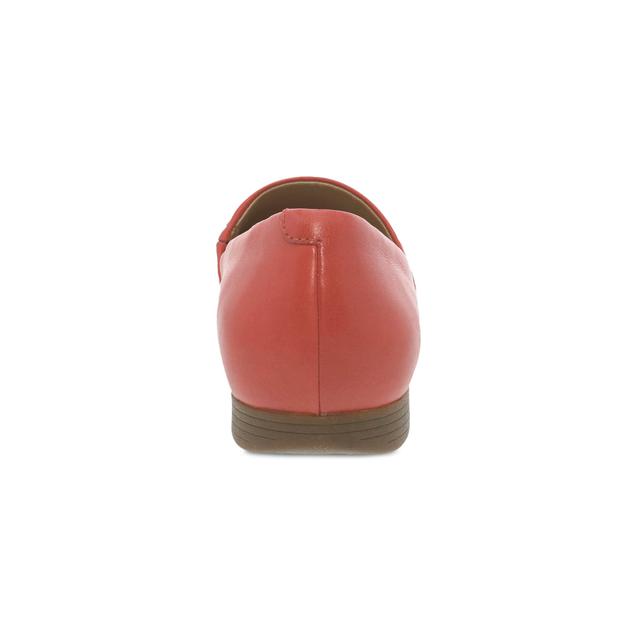 Back view of a red leather flat.