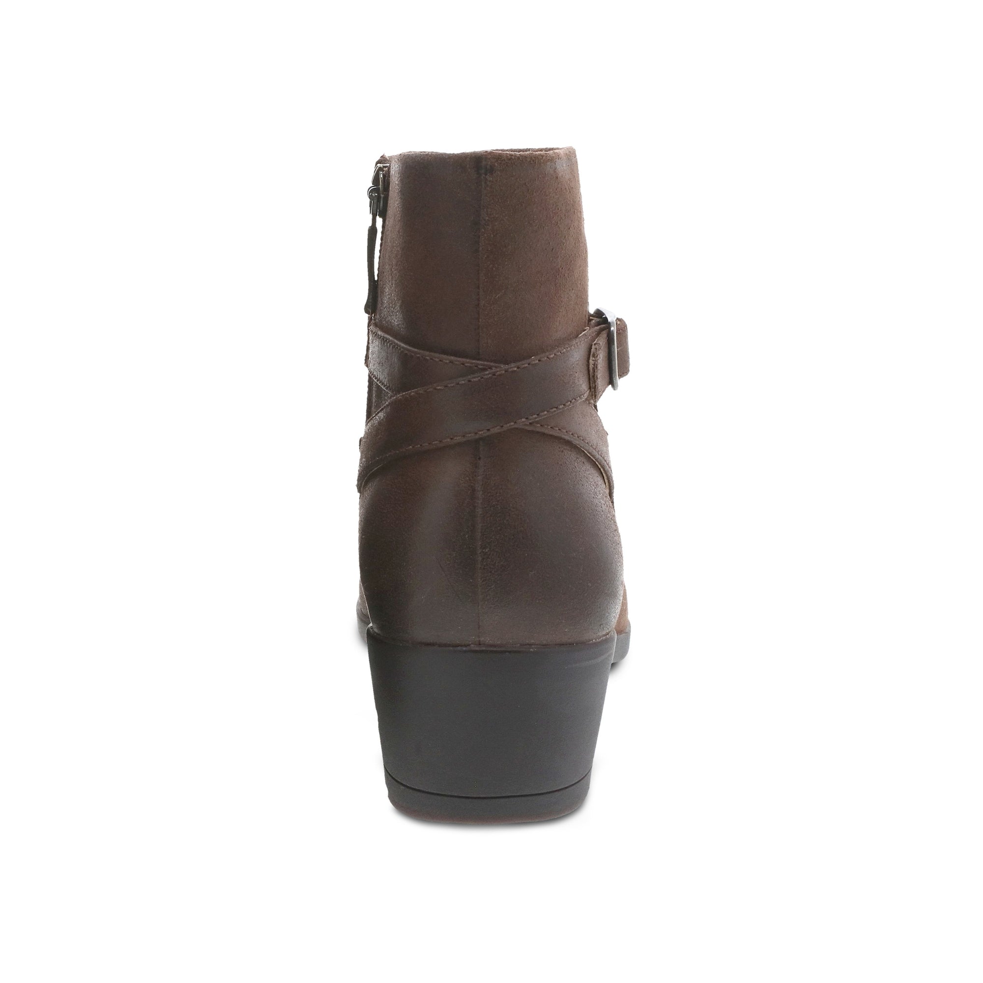 Mid-shaft boot shown from back to highlight strap detail and high-quality leather.