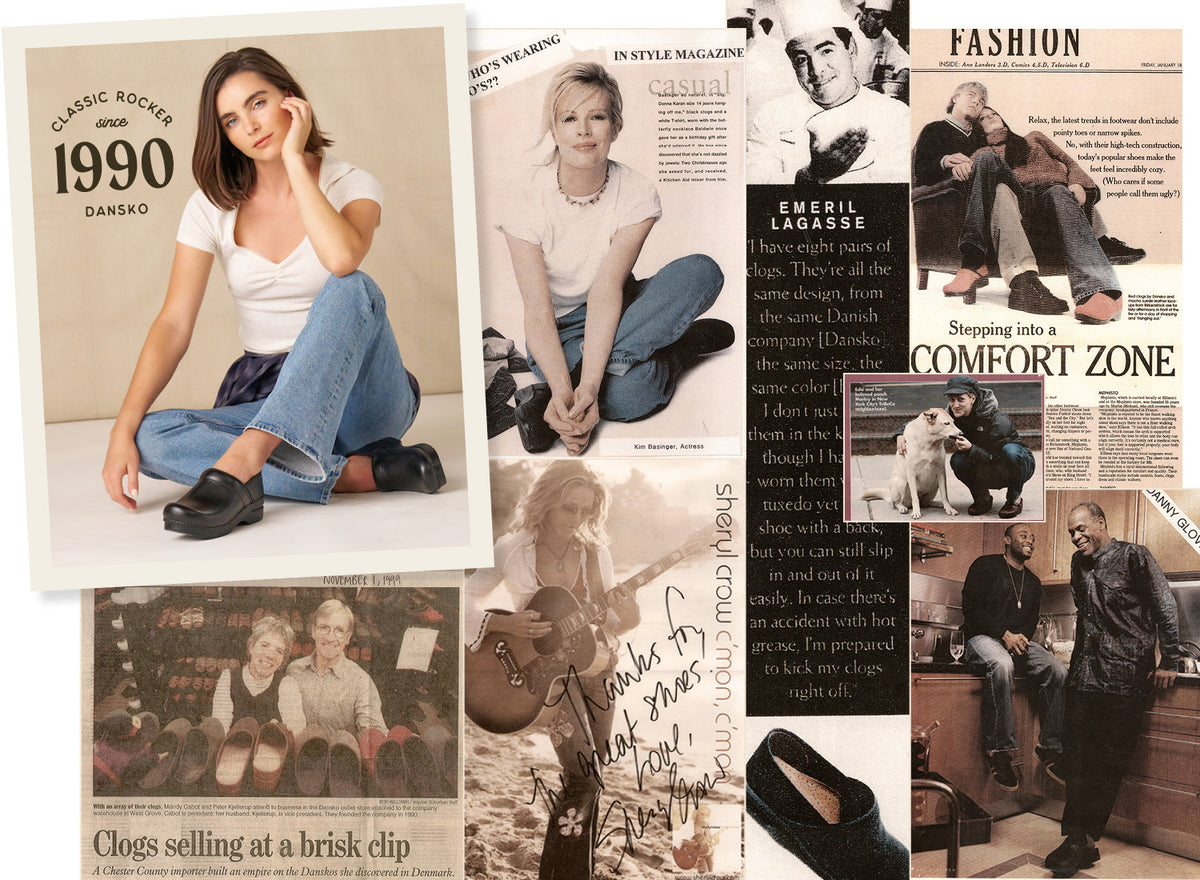 A collage of Dansko shoes, campaigns and brand history