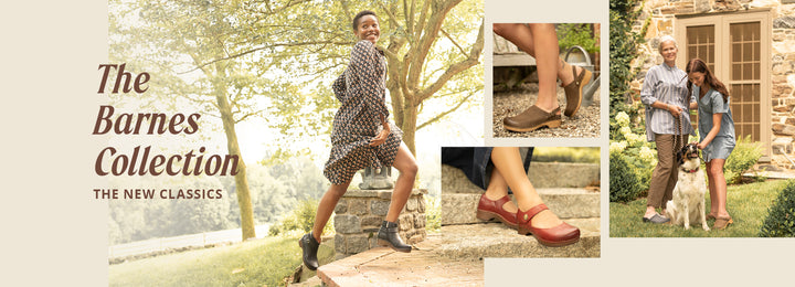 Beige background with multiple outdoor lifestyle image collage featuring the Brook Boot in black, the Berry mule in Mushroom, the Beatrice Mary Jane in red and the Brenna Clog in navy. Text reads The Barnes Collection, The New Classics.