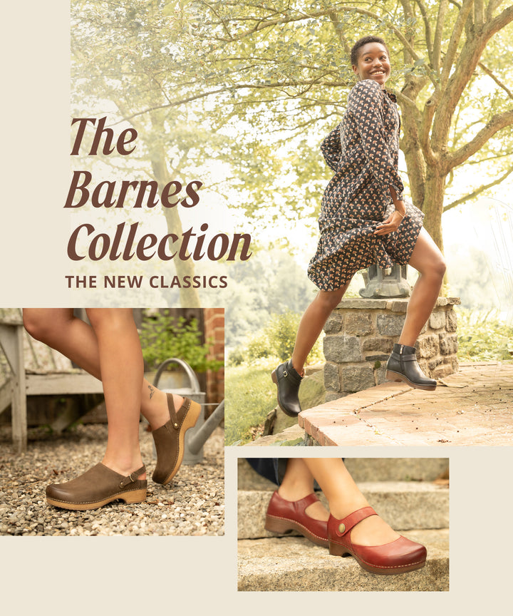 Beige background with multiple outdoor lifestyle image collage featuring the Brook Boot in black, the Berry mule in Mushroom, and the Beatrice Mary Jane in red. Text reads The Barnes Collection, The New Classics.