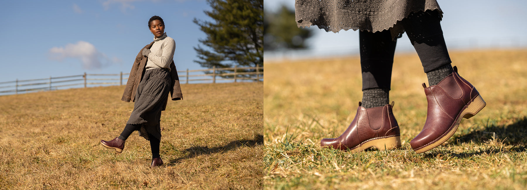 Two images showcasing various angles of a girl in a field during winter, wearing earth toned clothing and reddish brown boots.