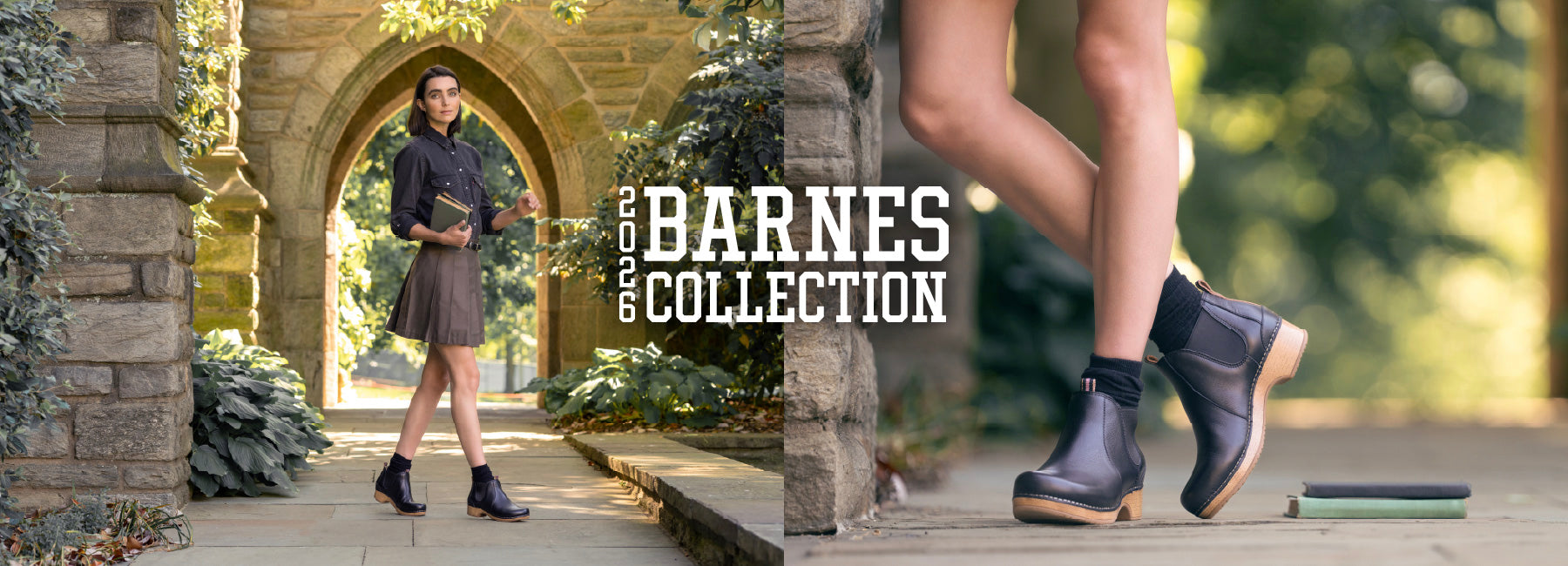 A split promotional image for the Barnes Collection. The left side shows a woman standing in a stone archway wearing a dark gray dress and black ankle boots. Text in center of screen reads "2026 Barnes Collection"