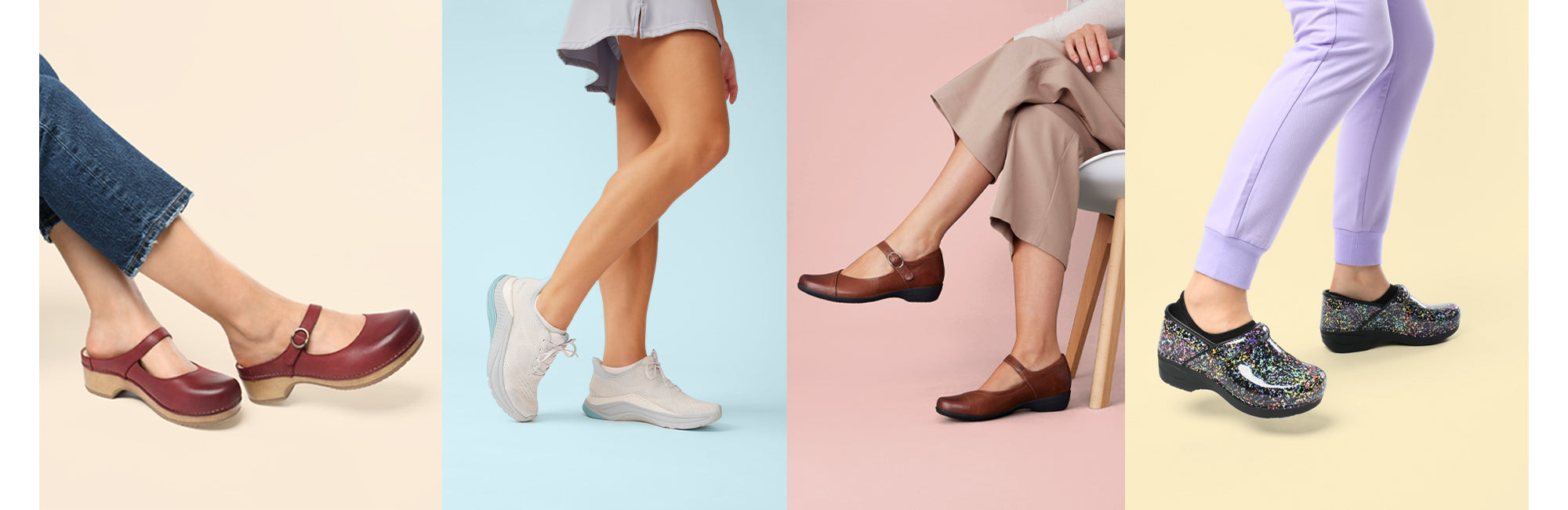 Four types of footwear styles on sale are shown. A red leather mule, a white active sneaker, brown leather Mary Janes, and a printed patent clog.