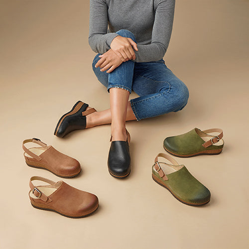 Adjustable sling-back clog in seasonless neutrals with cork outsole.
