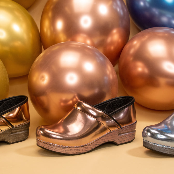 Gold, Pink, and Blue metallic leathers make the classic clog shine.