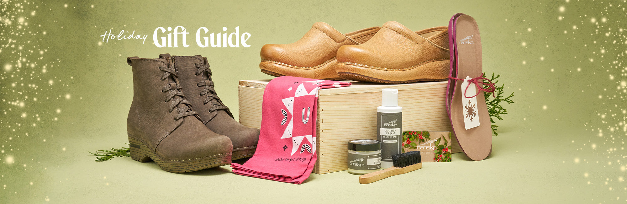 Gift guide with shoes, a box, and grooming items on a green background. Text overlay that reads: "Holiday Gift Guide"