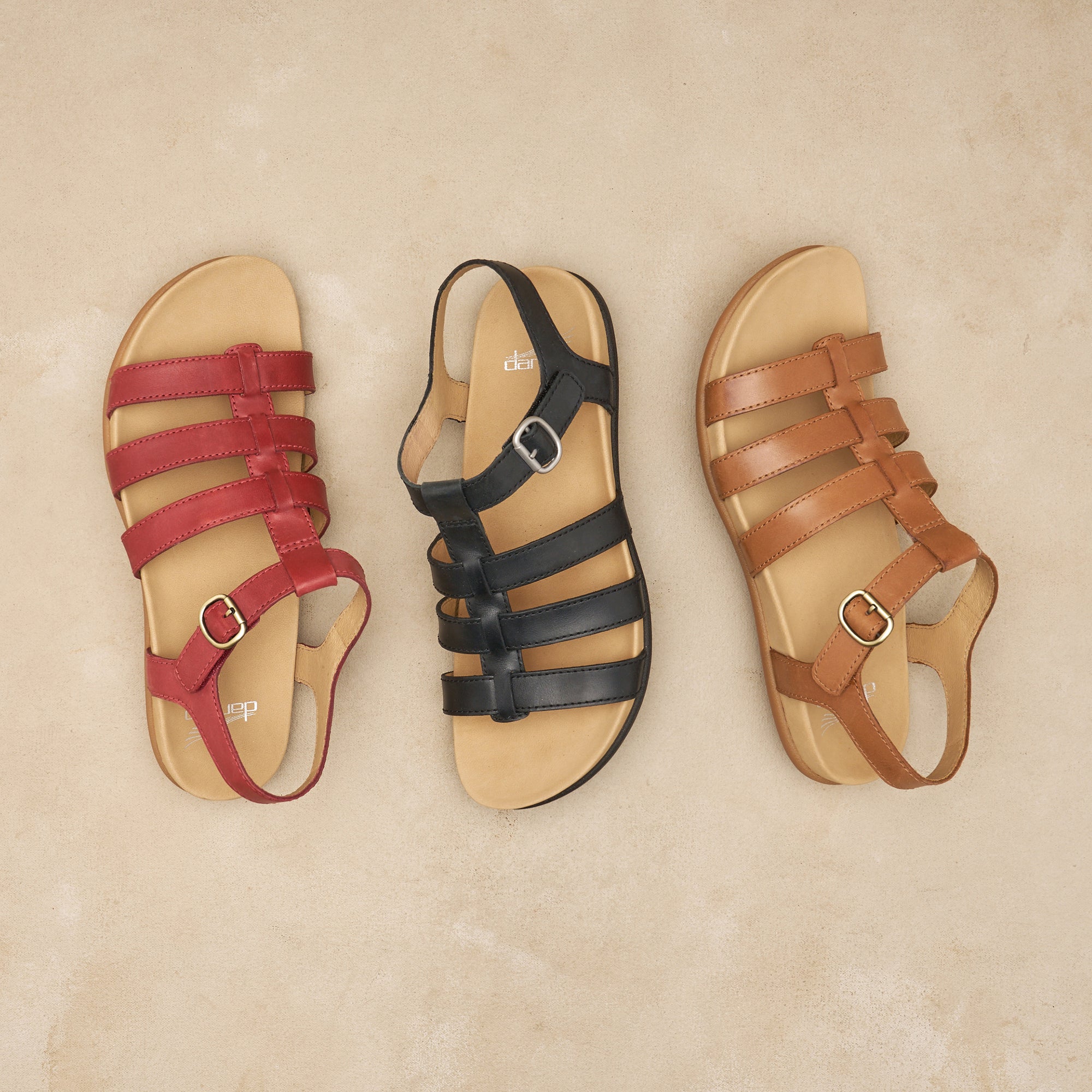 flat lay of strappy flat sandals in assorted colors.