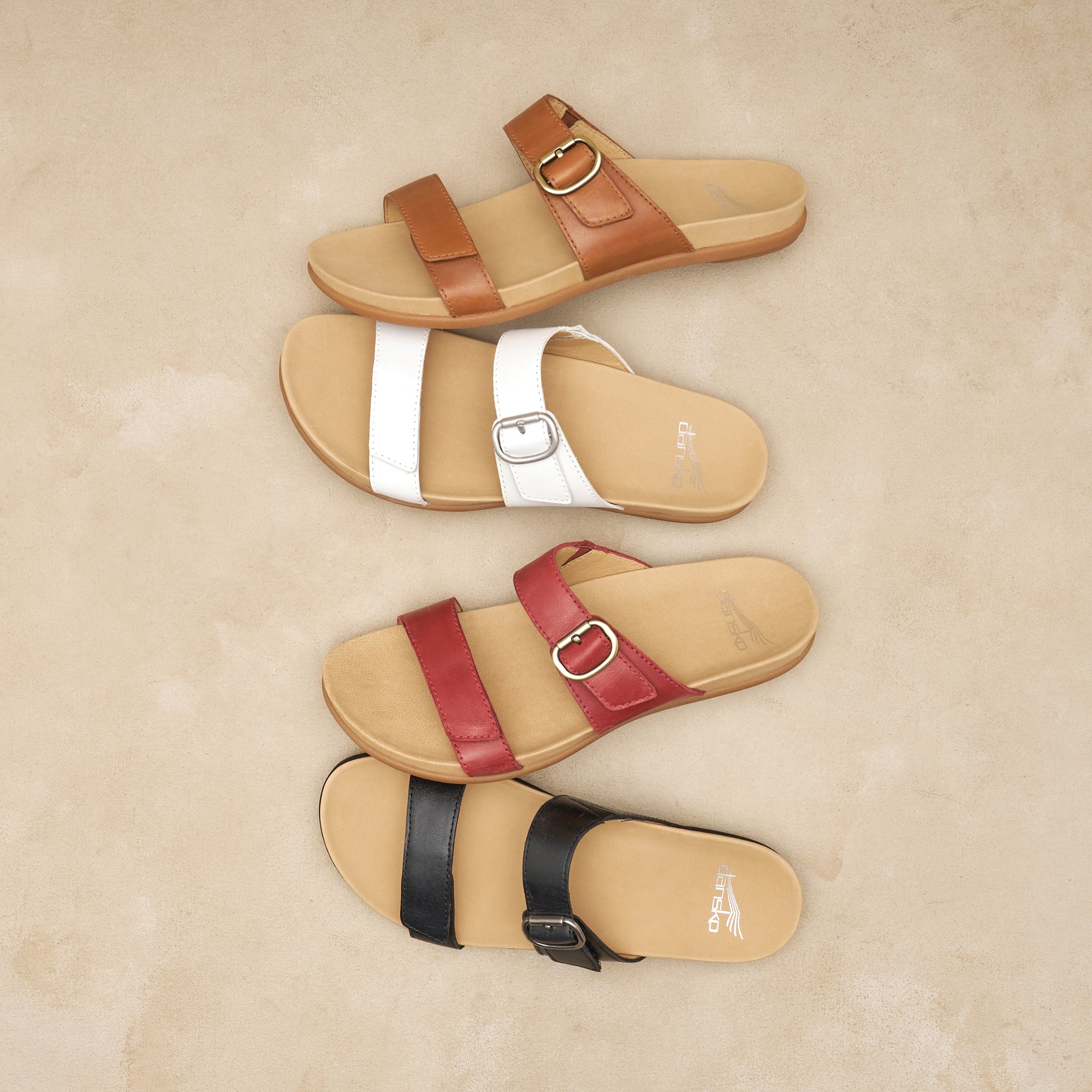 Flat lay of flat strappy sandals in various colors.