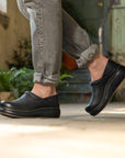 Close up of black platform clog.