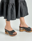 Close up of black wooden mule heels.