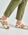 Close up of ivory open toe mary janes.