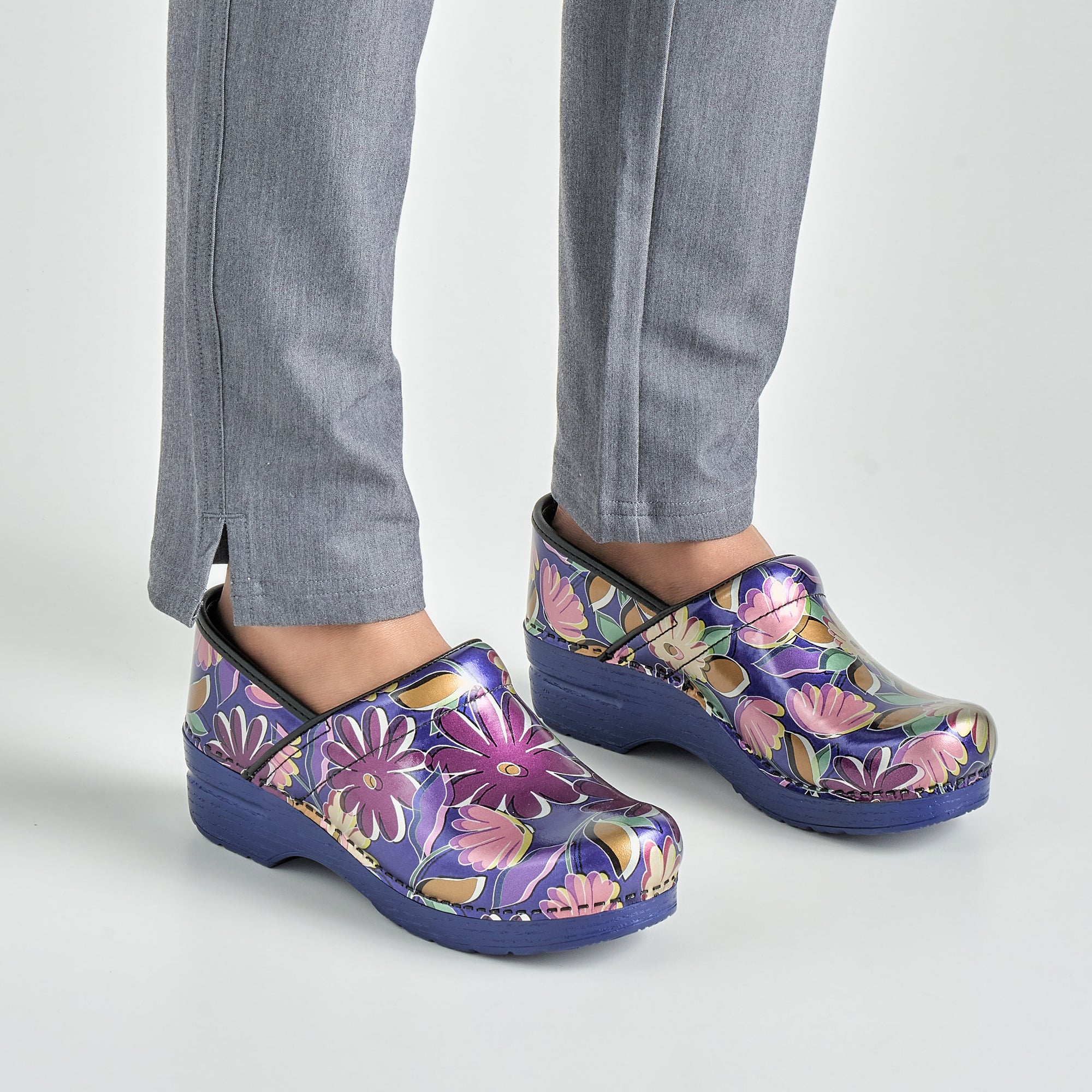 Close up of Pro Indigo Floral Dansko clog.