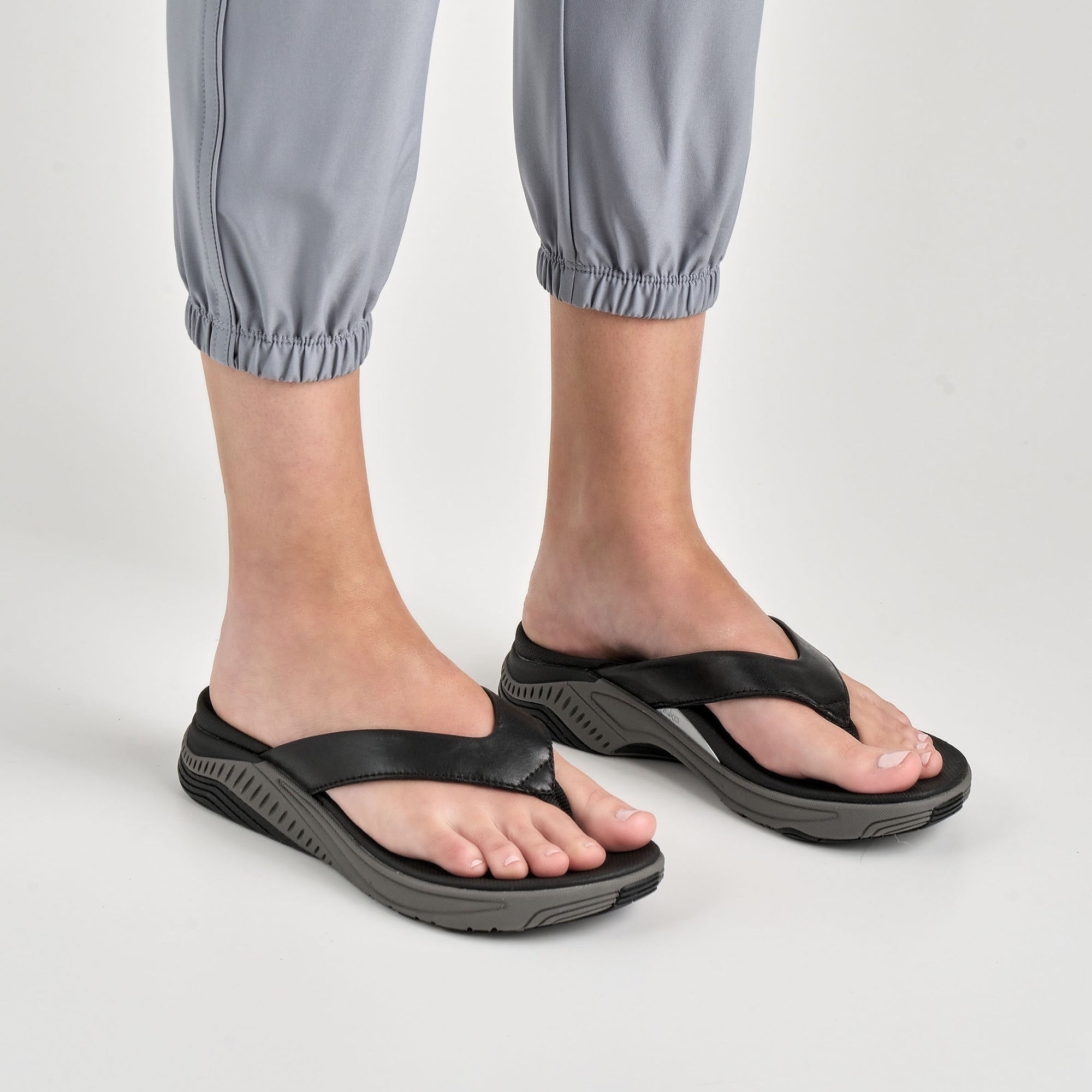 Close up of black flip flops.