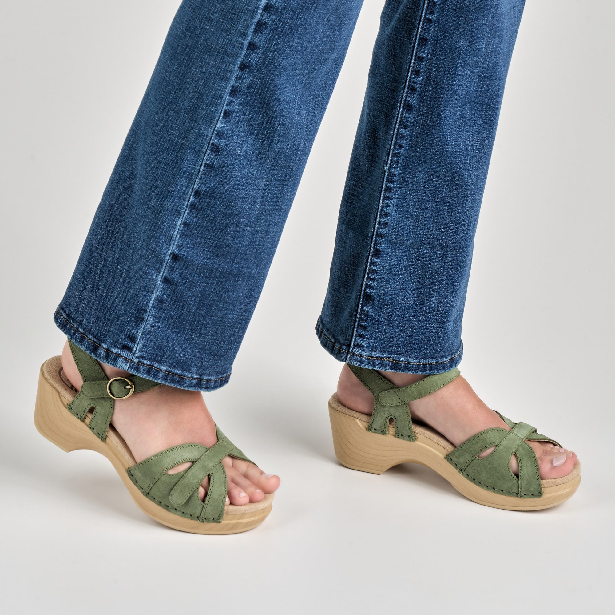 Close up of green sandals.