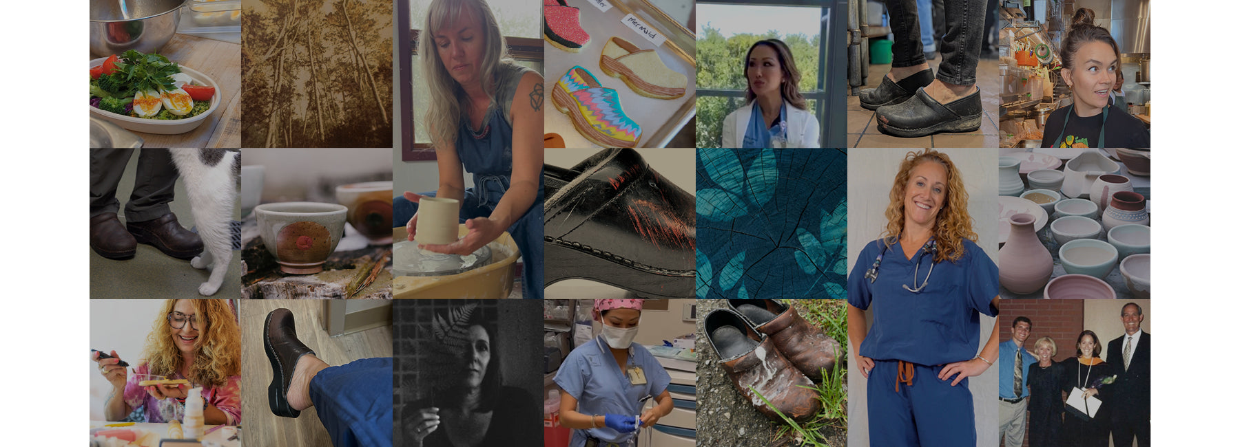 Collage style banner of women and their shoes, mixed in with showcasing their work and hobbies. White borders on the right and left.