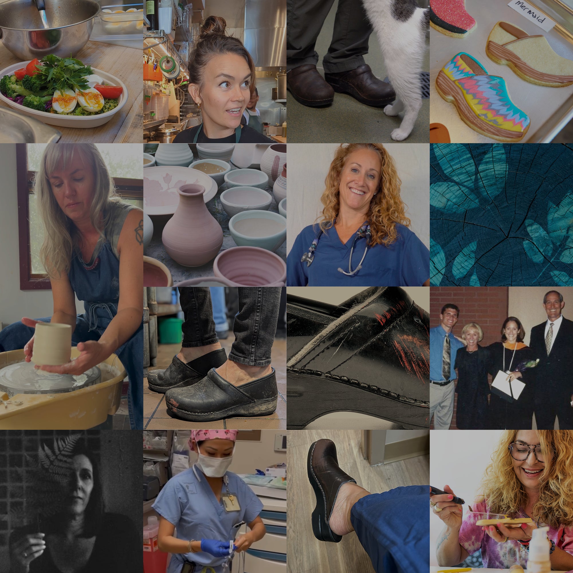 Collage style banner of women and their shoes, mixed in with showcasing their work and hobbies. 