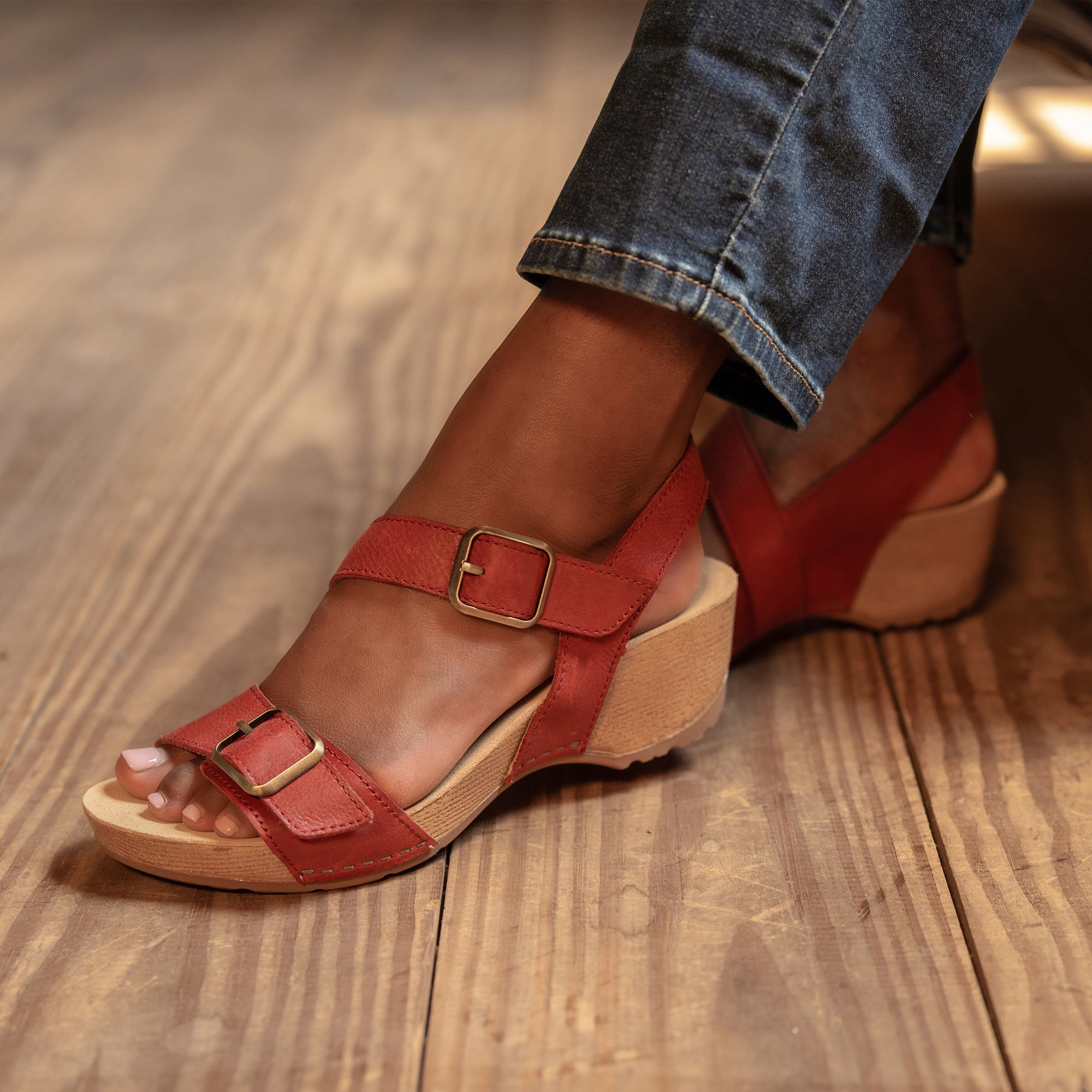 Close up of red sandals.