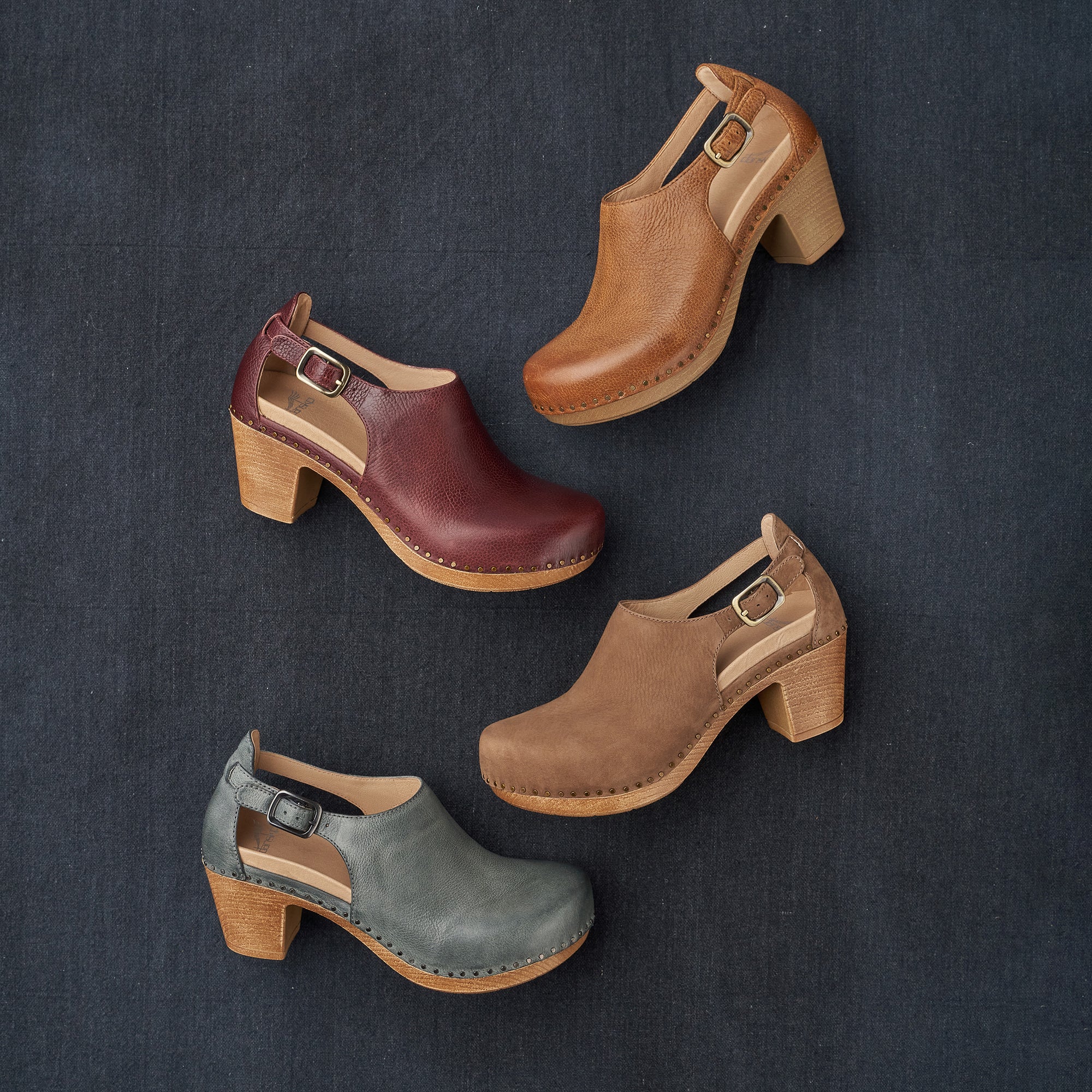 A stylish heel with nail-head construction shown in four different bold colors.