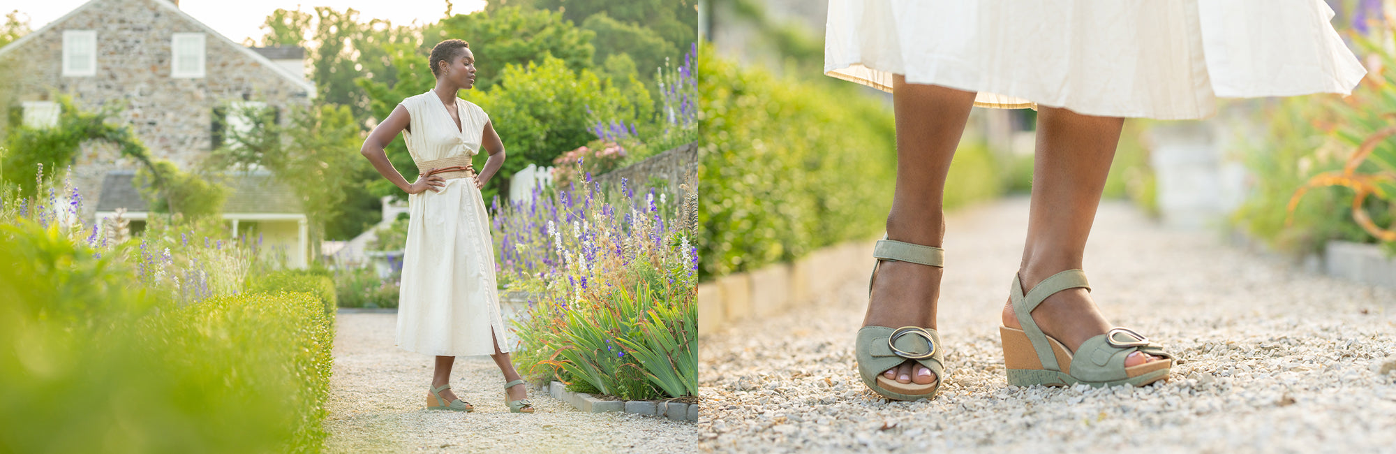 Split image of woman in dress and sandals in outdoor garden, and a close up of the same woman's sandals.