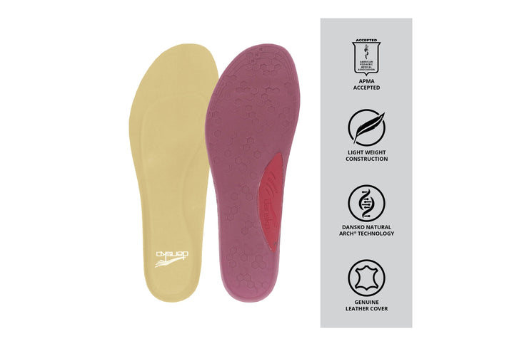 Close up of comfort insoles with grey panel on the right hand side with 4 feature call outs, including: APMA Seal of Acceptance, Light Weight Construction, Dansko Natural Arch Technology and Genuine Leather Cover