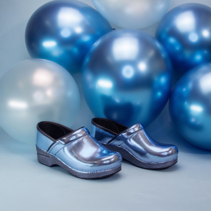 Chrome clogs with blue metallic leathers.
