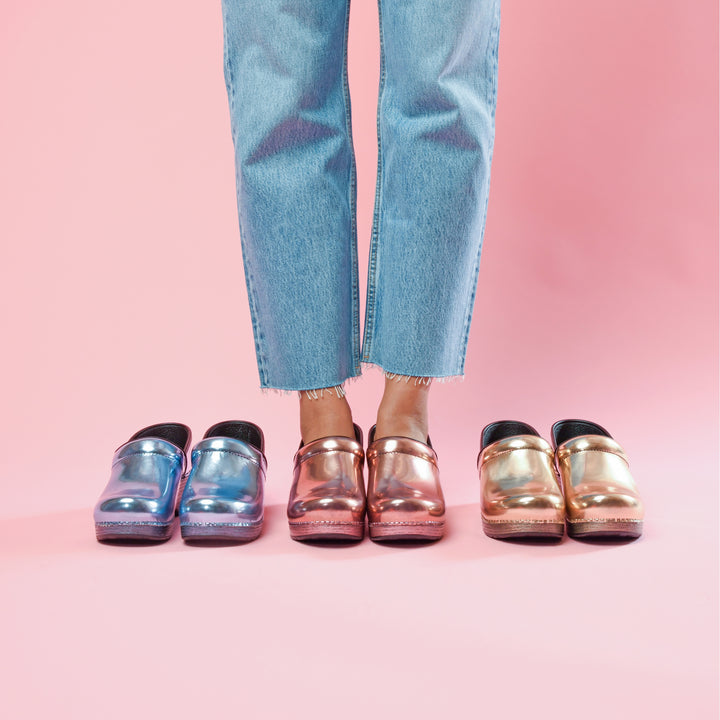 Stylish chrome clogs in three unique styles. Supportive and shiny shoes.