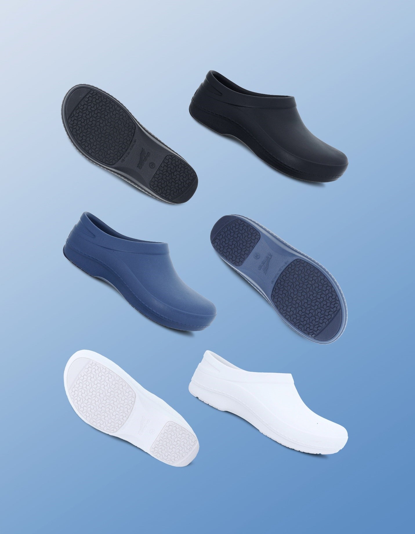 Black, blue, and white molded clogs showing slip-resistant rubber outsoles.